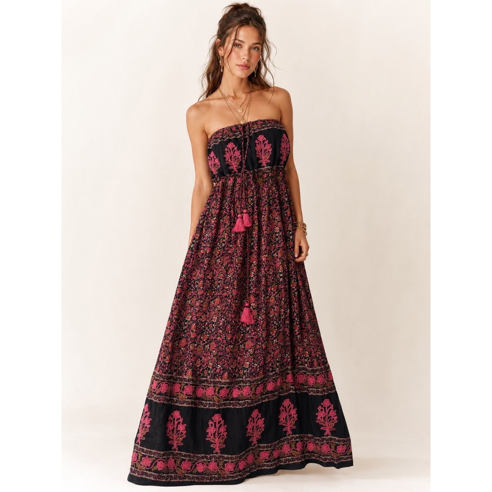 Chelsea Violet Black Floral Embroidered Strapless Maxi Dress Tassel Boho S